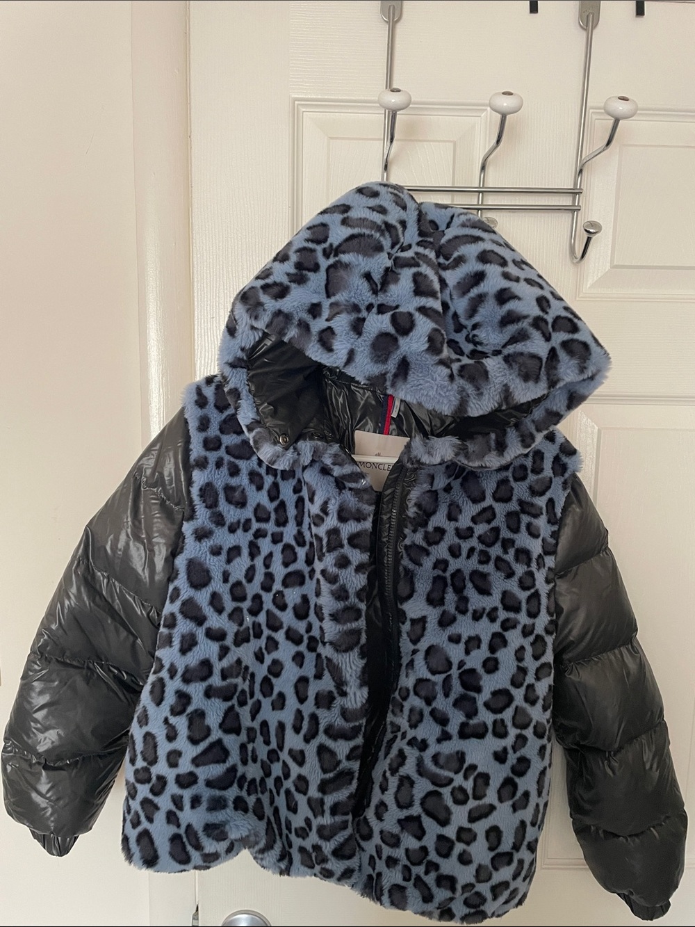 Moncler Kids Black Puffer Jacket with Blue Leopard Faux-Fur Trim size 12